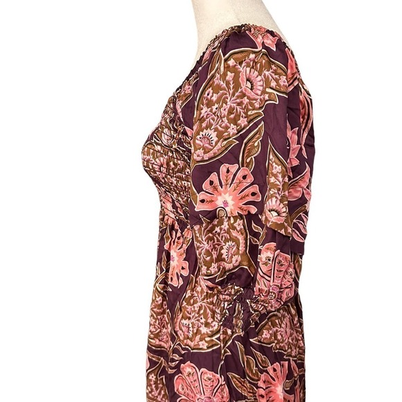 NWT Omika Brown Balloon Sleeve Ruched Upper High Waist Blair Midi Dress Sz Small - Picture 6 of 13